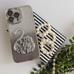 Simli Kuğu Lüks iPhone Kılıfı – Gümüş