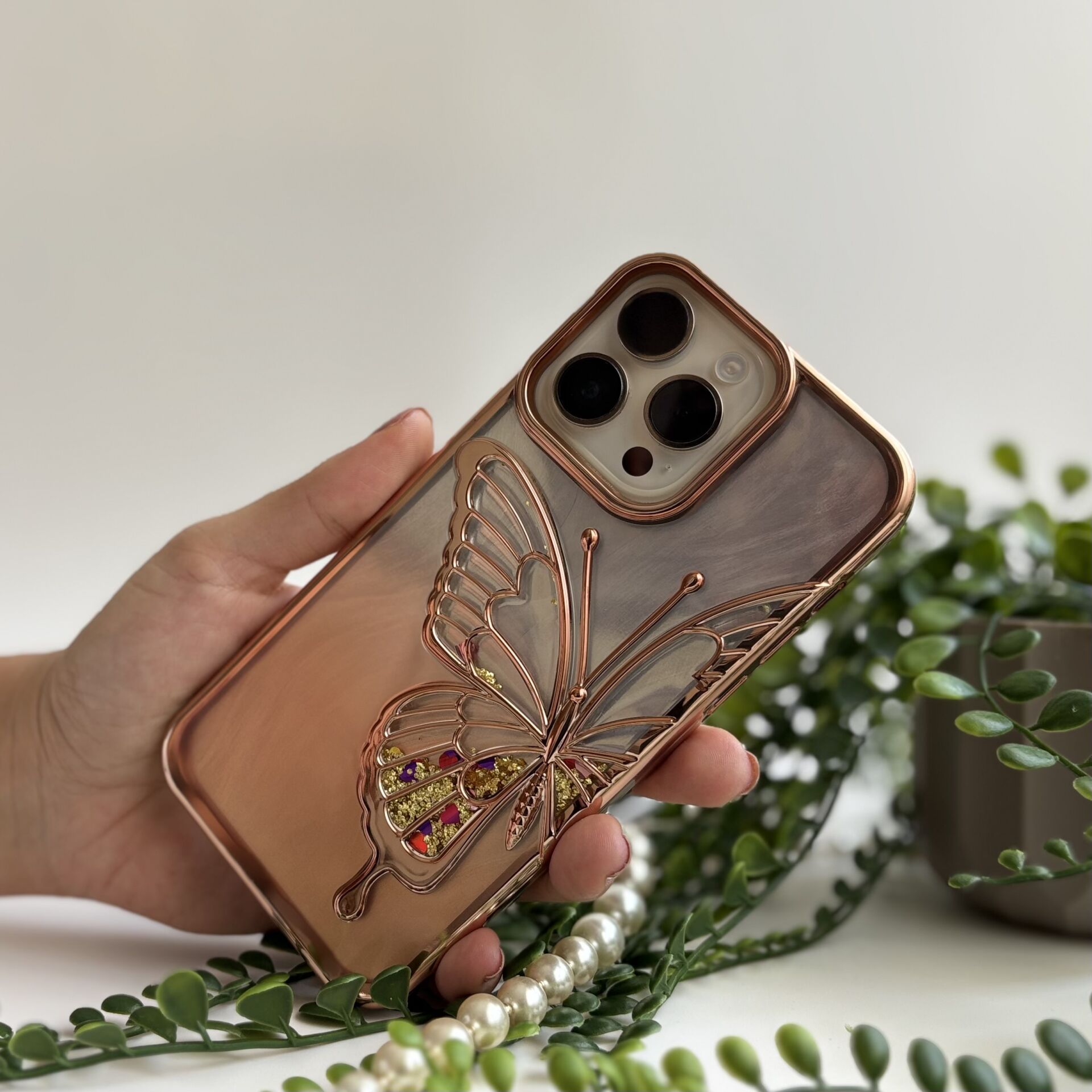 Simli Kelebek Lüks iPhone Kılıfı - Gold