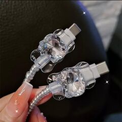 Gümüş Ayıcık Ve Kalp Detaylı  şeffaf zeminli kablo ve Şarj koruyucu 4 in 1 - 18/20 Watt şarj cihazlarına uyumlu
