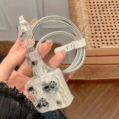 Gümüş Ayıcık Ve Kalp Detaylı  şeffaf zeminli kablo ve Şarj koruyucu 4 in 1 - 18/20 Watt şarj cihazlarına uyumlu