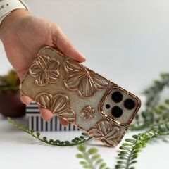 Simli Çiçekli Lüks iPhone Kılıf – Gold Renk