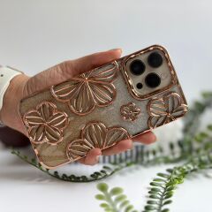 Simli Çiçekli Lüks iPhone Kılıf – Gold Renk
