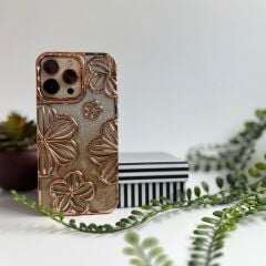 Simli Çiçekli Lüks iPhone Kılıf – Gold Renk